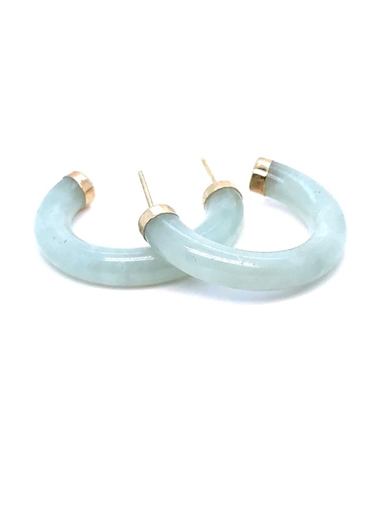 Jewelry - 14K Gold Trim Pale Green Jade Hoop Earrings